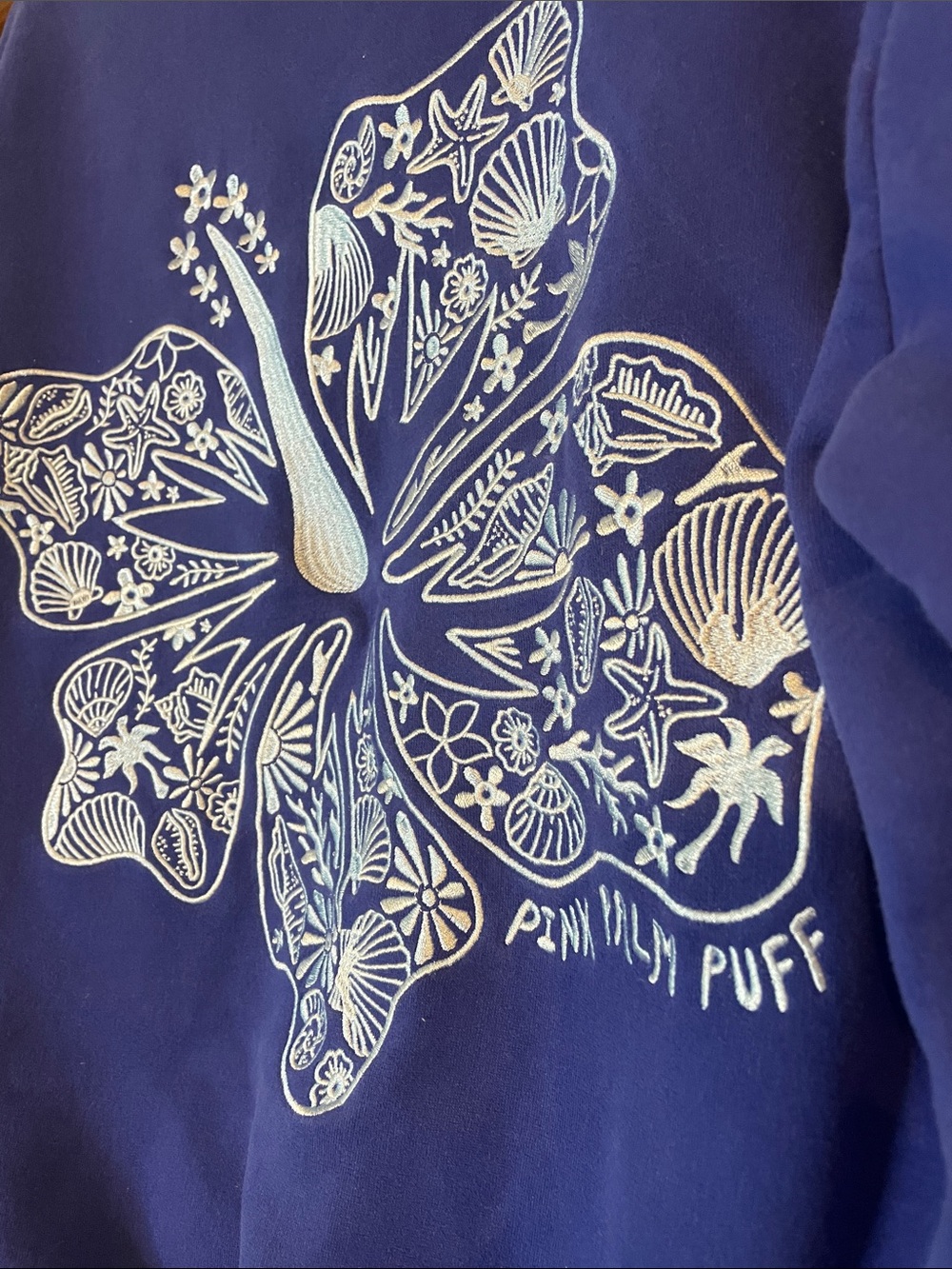 Royal Blue Pink Palm Puff Embroidered Pullover Hoodie SzS - Picture 4 of 9